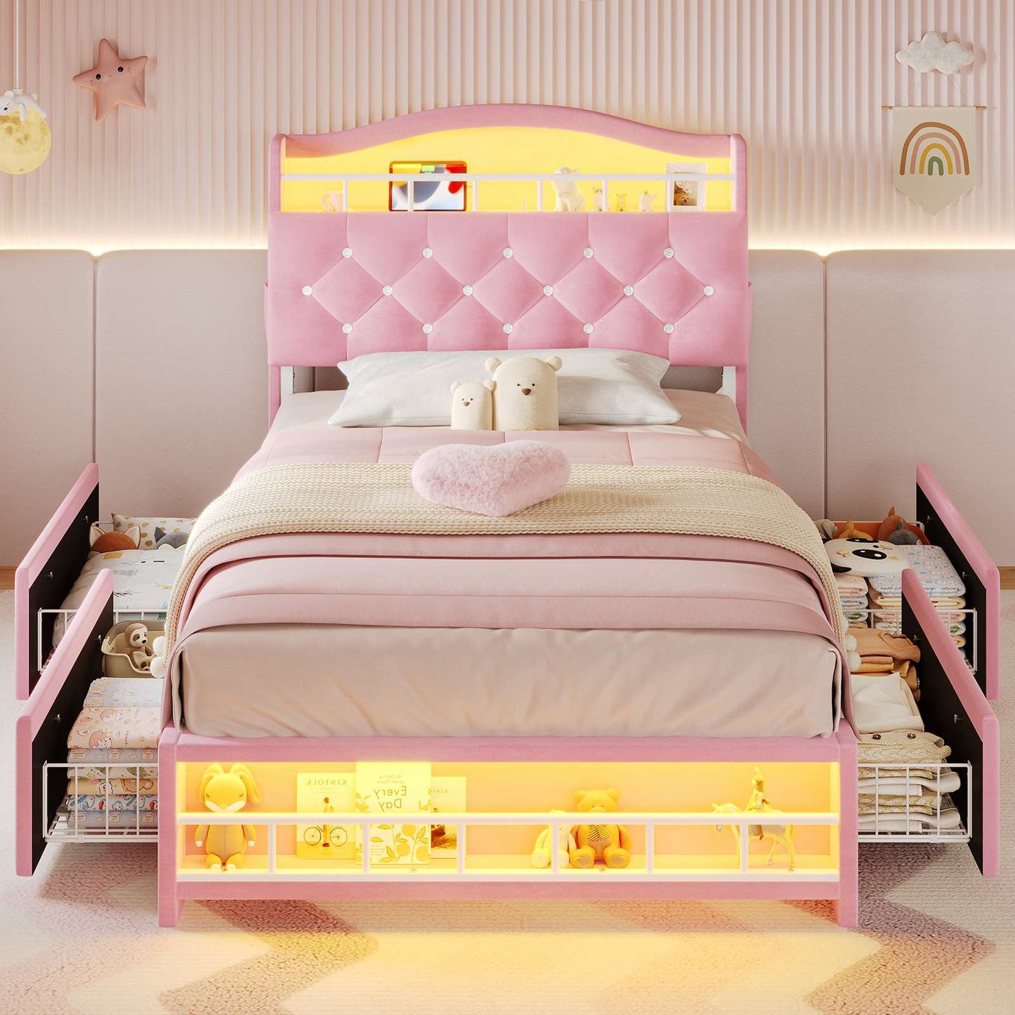 HAUOMS Twin Size Bed Frame with LED Lights and 4 Drawers Headboard with Charging Station Guardrail Crystal Button Princess Velvet Upholstered Platform Bed for Girls
