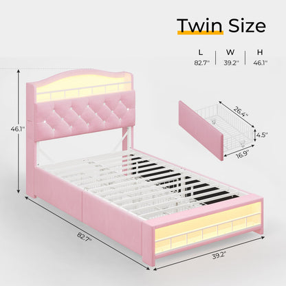 HAUOMS Twin Size Bed Frame with LED Lights and 4 Drawers Headboard with Charging Station Guardrail Crystal Button Princess Velvet Upholstered Platform Bed for Girls
