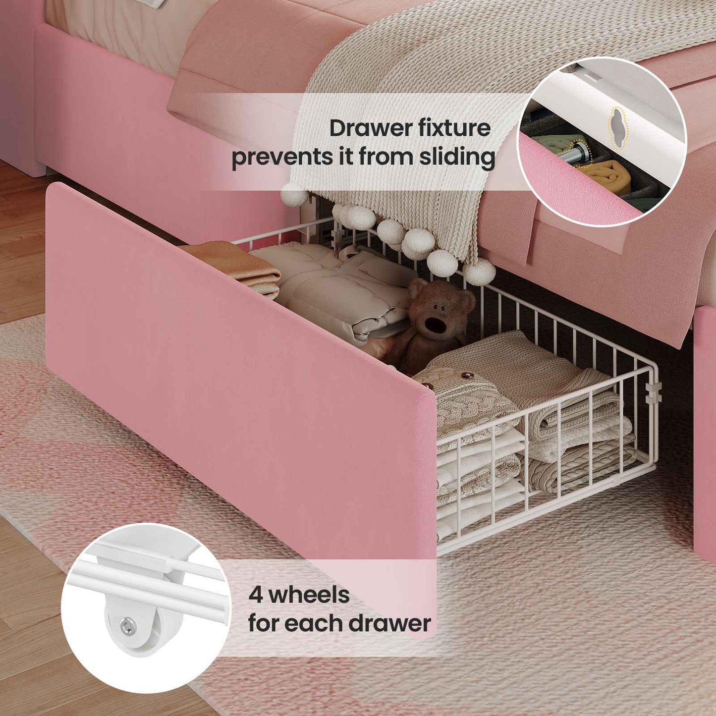HAUOMS Twin Size Bed Frame with LED Lights and 4 Drawers Headboard with Charging Station Guardrail Crystal Button Princess Velvet Upholstered Platform Bed for Girls