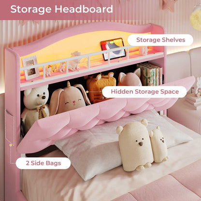 HAUOMS Twin Size Bed Frame with LED Lights and 4 Drawers Headboard with Charging Station Guardrail Crystal Button Princess Velvet Upholstered Platform Bed for Girls
