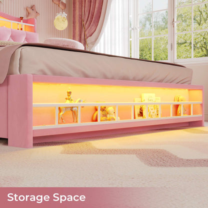 HAUOMS Twin Size Bed Frame with LED Lights and 4 Drawers Headboard with Charging Station Guardrail Crystal Button Princess Velvet Upholstered Platform Bed for Girls