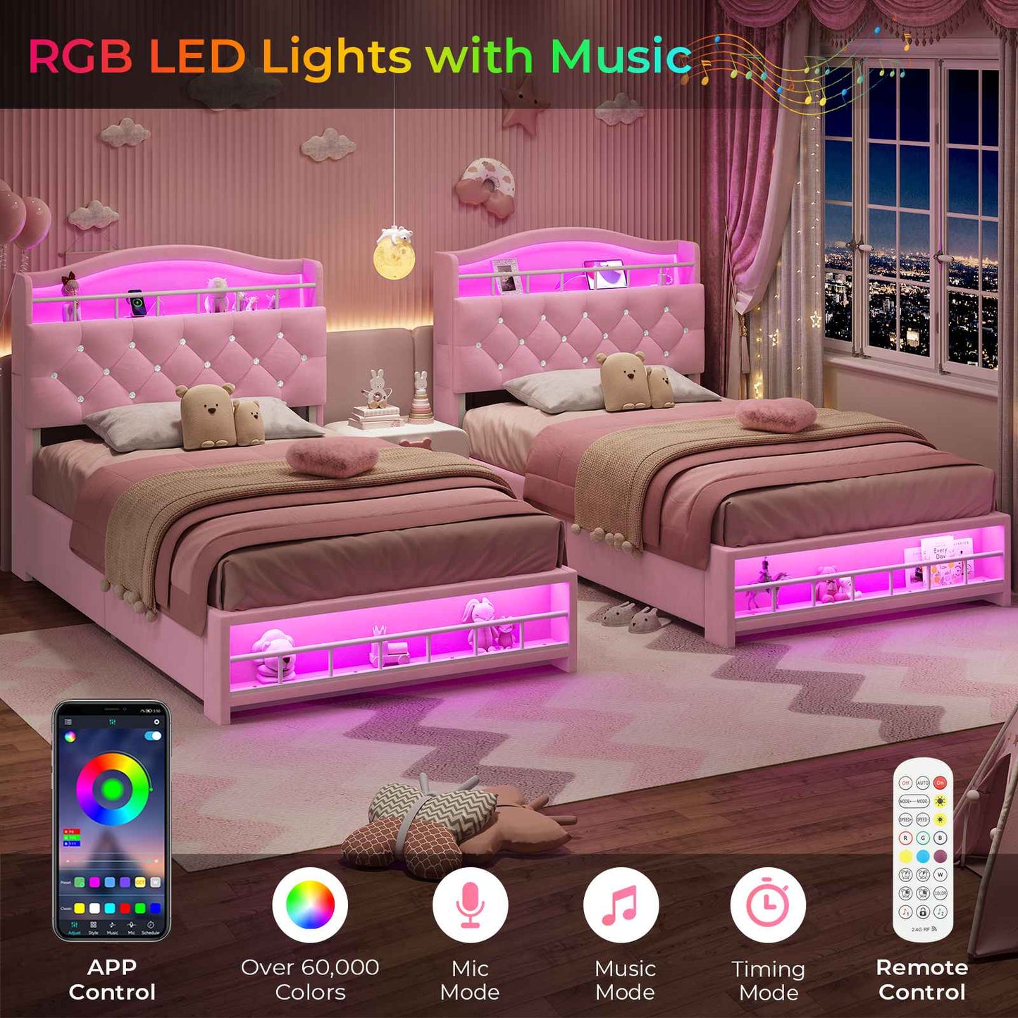 HAUOMS Twin Size Bed Frame with LED Lights and 4 Drawers Headboard with Charging Station Guardrail Crystal Button Princess Velvet Upholstered Platform Bed for Girls