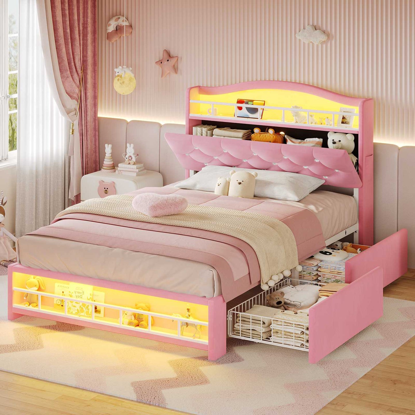HAUOMS Twin Size Bed Frame with LED Lights and 4 Drawers Headboard with Charging Station Guardrail Crystal Button Princess Velvet Upholstered Platform Bed for Girls