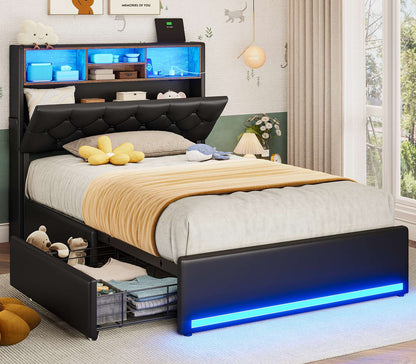 HAUOMS Twin Size Bed Frame with Hidden Storage Headboard and 4 Drawers Upholstered Platform Bed Twin with LED Lights Charging Station