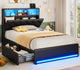 HAUOMS Twin Size Bed Frame with Hidden Storage Headboard and 4 Drawers Upholstered Platform Bed Twin with LED Lights Charging Station