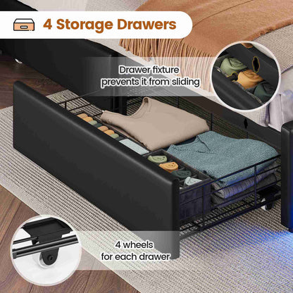 HAUOMS Twin Size Bed Frame with Hidden Storage Headboard and 4 Drawers Upholstered Platform Bed Twin with LED Lights Charging Station