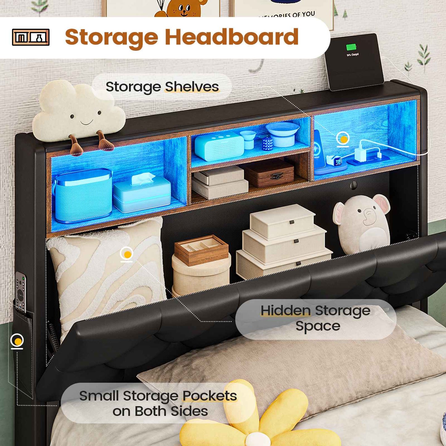 HAUOMS Twin Size Bed Frame with Hidden Storage Headboard and 4 Drawers Upholstered Platform Bed Twin with LED Lights Charging Station