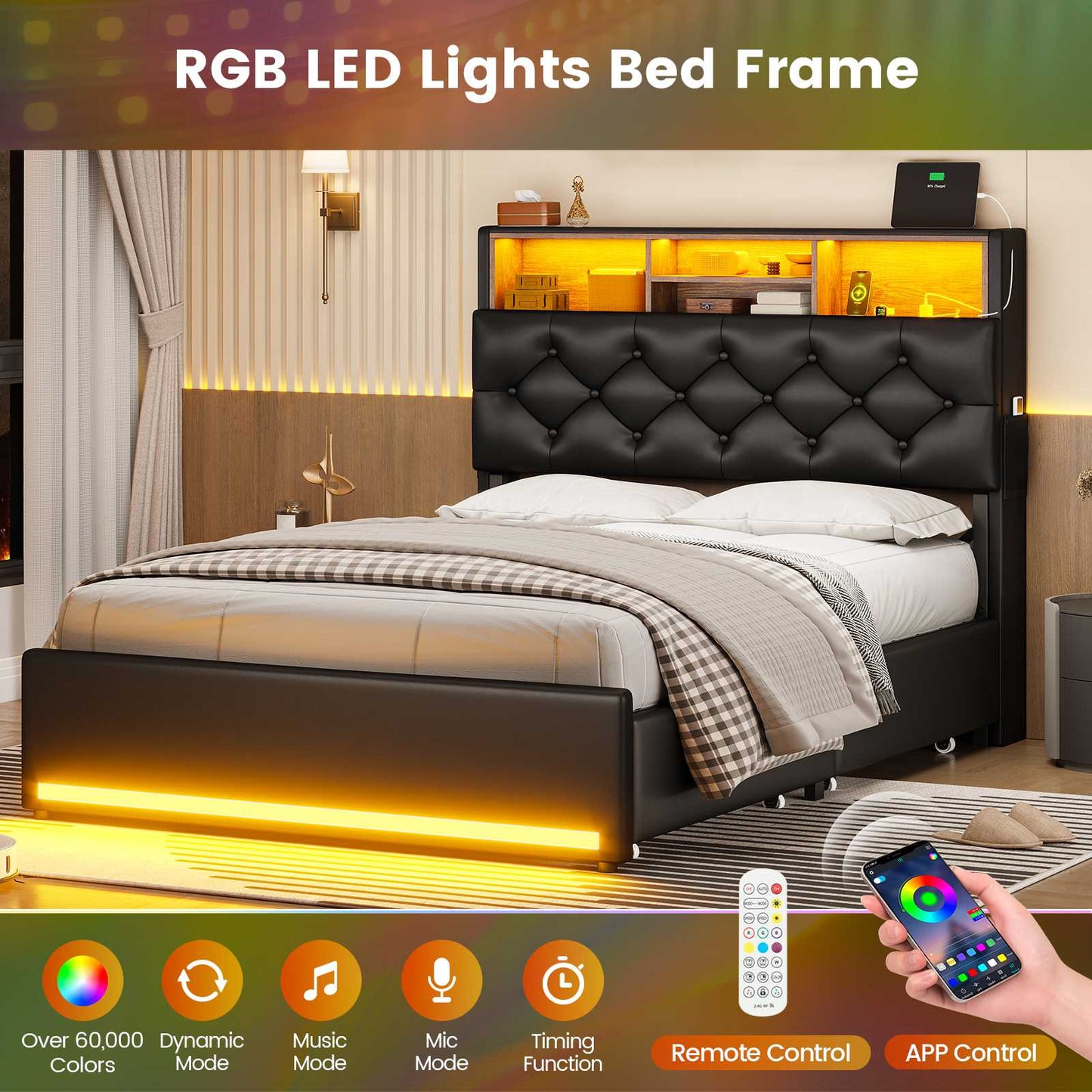 HAUOMS Twin Size Bed Frame with Hidden Storage Headboard and 4 Drawers Upholstered Platform Bed Twin with LED Lights Charging Station