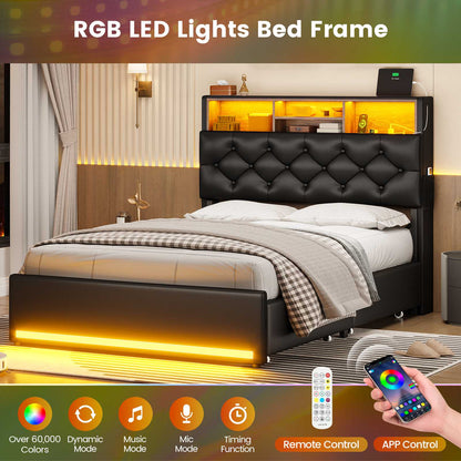 HAUOMS Twin Size Bed Frame with Hidden Storage Headboard and 4 Drawers Upholstered Platform Bed Twin with LED Lights Charging Station