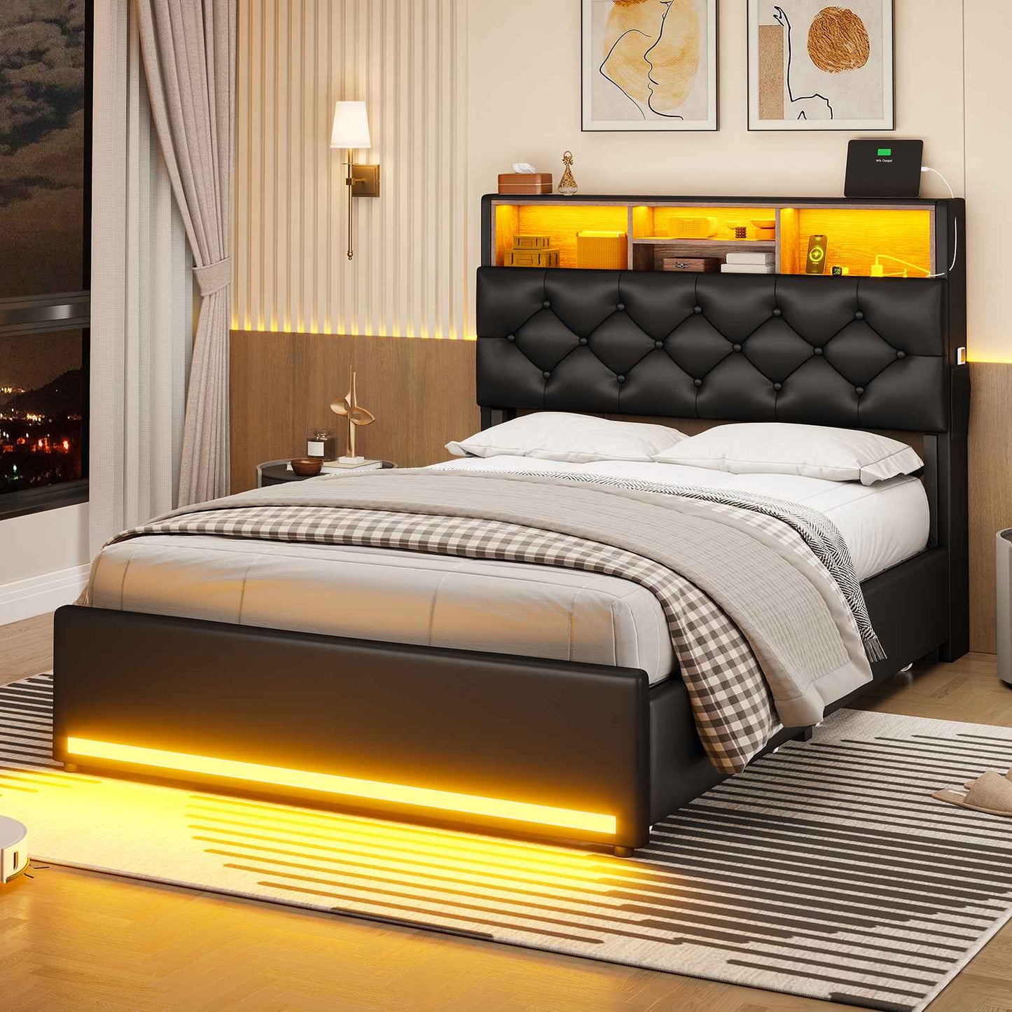HAUOMS Twin Size Bed Frame with Hidden Storage Headboard and 4 Drawers Upholstered Platform Bed Twin with LED Lights Charging Station