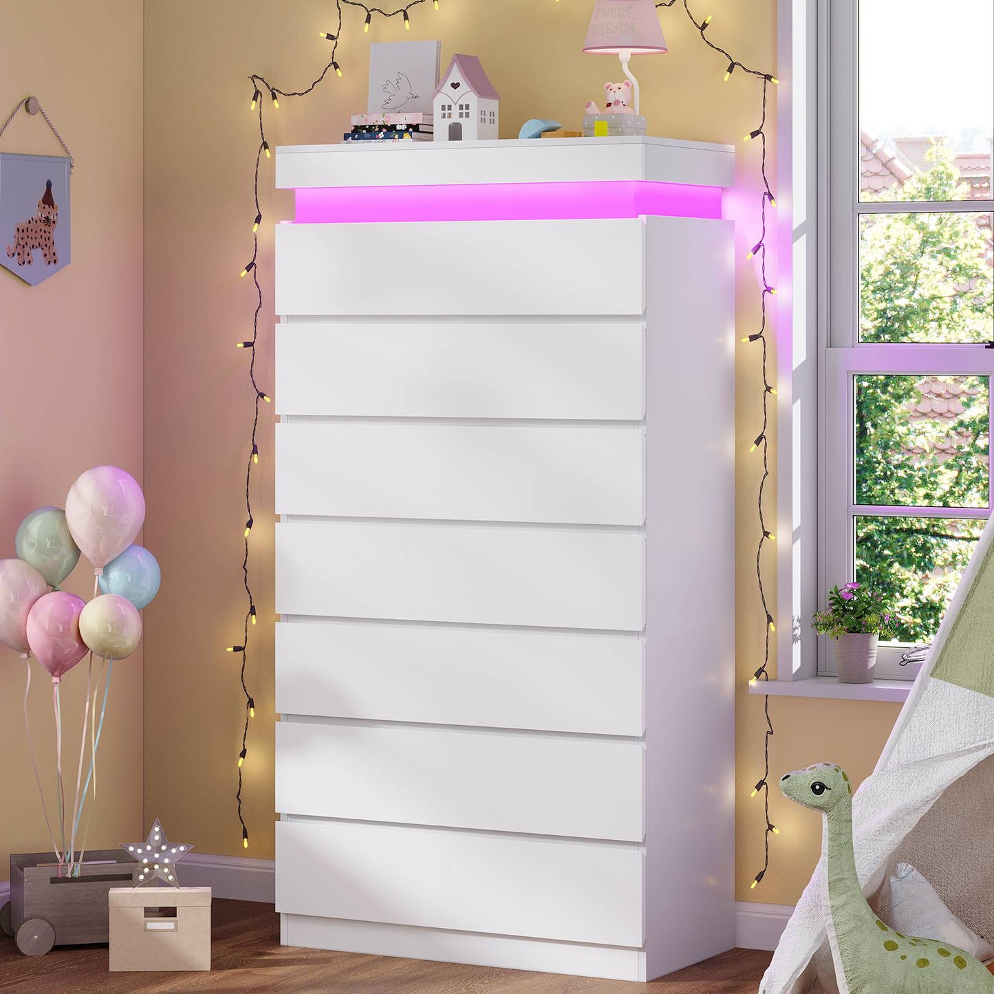 HAUOMS 60.4 Inch Tall Dresser with 7 Drawers and LED Lights Modern Chest of Drawers for Living Room Bedroom