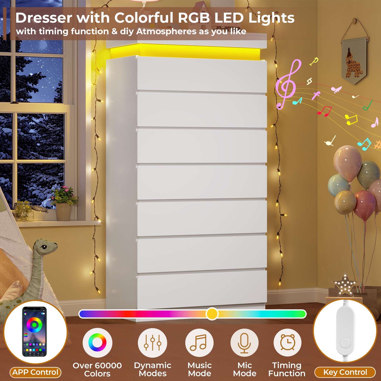 HAUOMS 60.4 Inch Tall Dresser with 7 Drawers and LED Lights Modern Chest of Drawers for Living Room Bedroom
