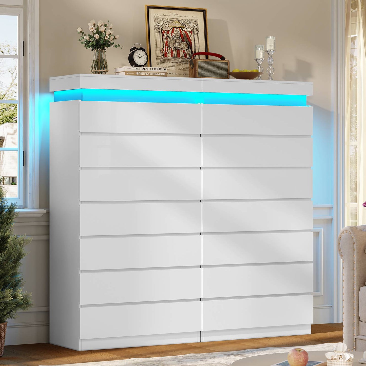HAUOMS 60.4 Inch Tall Dresser with 7 Drawers and LED Lights Modern Chest of Drawers for Living Room Bedroom