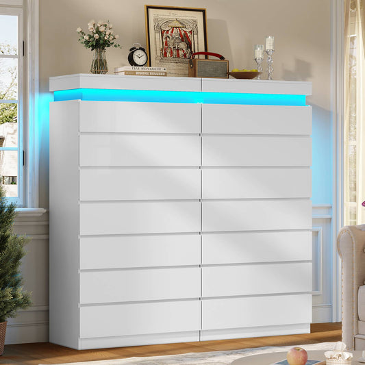 HAUOMS 60.4 Inch Tall Dresser with 7 Drawers and LED Lights Modern Chest of Drawers for Living Room Bedroom