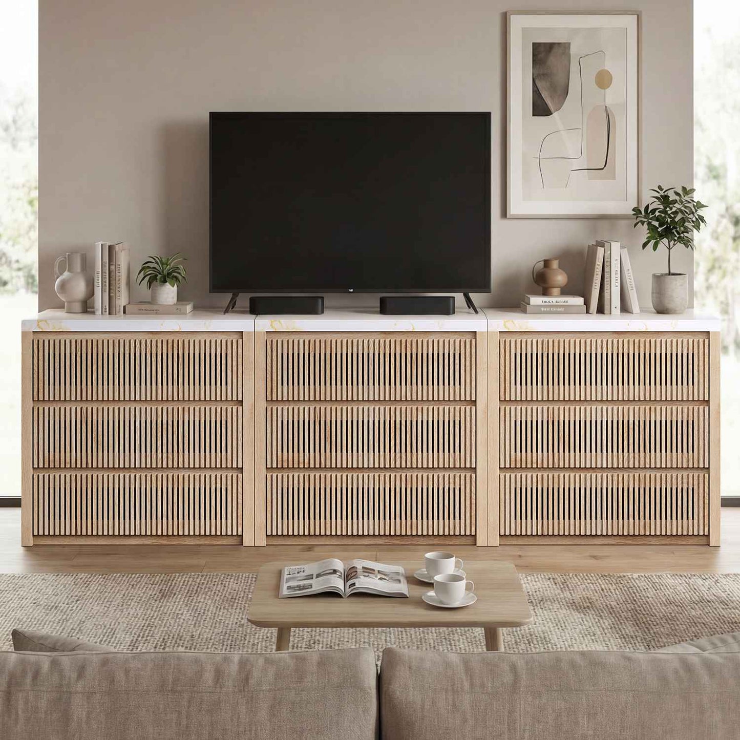 HAUOMS 27.6 Inch Tall Nightstand Extra Large Fluted Wood Bedside Table with 3 Drawers for Bedroom Living Room
