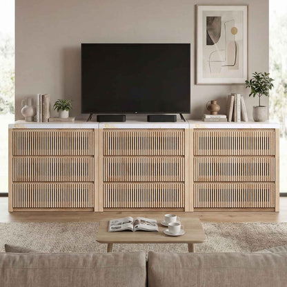 HAUOMS 27.6 Inch Tall Nightstand Extra Large Fluted Wood Bedside Table with 3 Drawers for Bedroom Living Room