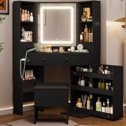 HAUOMS 42.5 Inch Vanity Desk with 3 Lights Mirror Storage Bench and Power Outlet Corner Vanities with Rotating Cabinet and Drawers