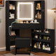 HAUOMS 42.5 Inch Vanity Desk with 3 Lights Mirror Storage Bench and Power Outlet Corner Vanities with Rotating Cabinet and Drawers