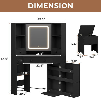 HAUOMS 42.5 Inch Vanity Desk with 3 Lights Mirror Storage Bench and Power Outlet Corner Vanities with Rotating Cabinet and Drawers