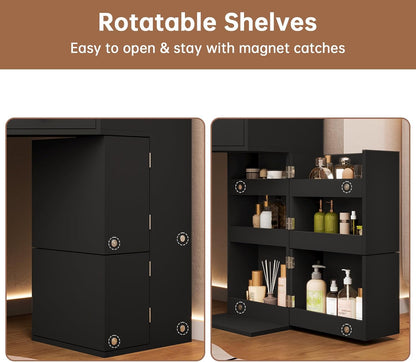 HAUOMS 42.5 Inch Vanity Desk with 3 Lights Mirror Storage Bench and Power Outlet Corner Vanities with Rotating Cabinet and Drawers