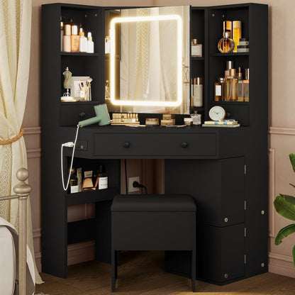 HAUOMS 42.5 Inch Vanity Desk with 3 Lights Mirror Storage Bench and Power Outlet Corner Vanities with Rotating Cabinet and Drawers
