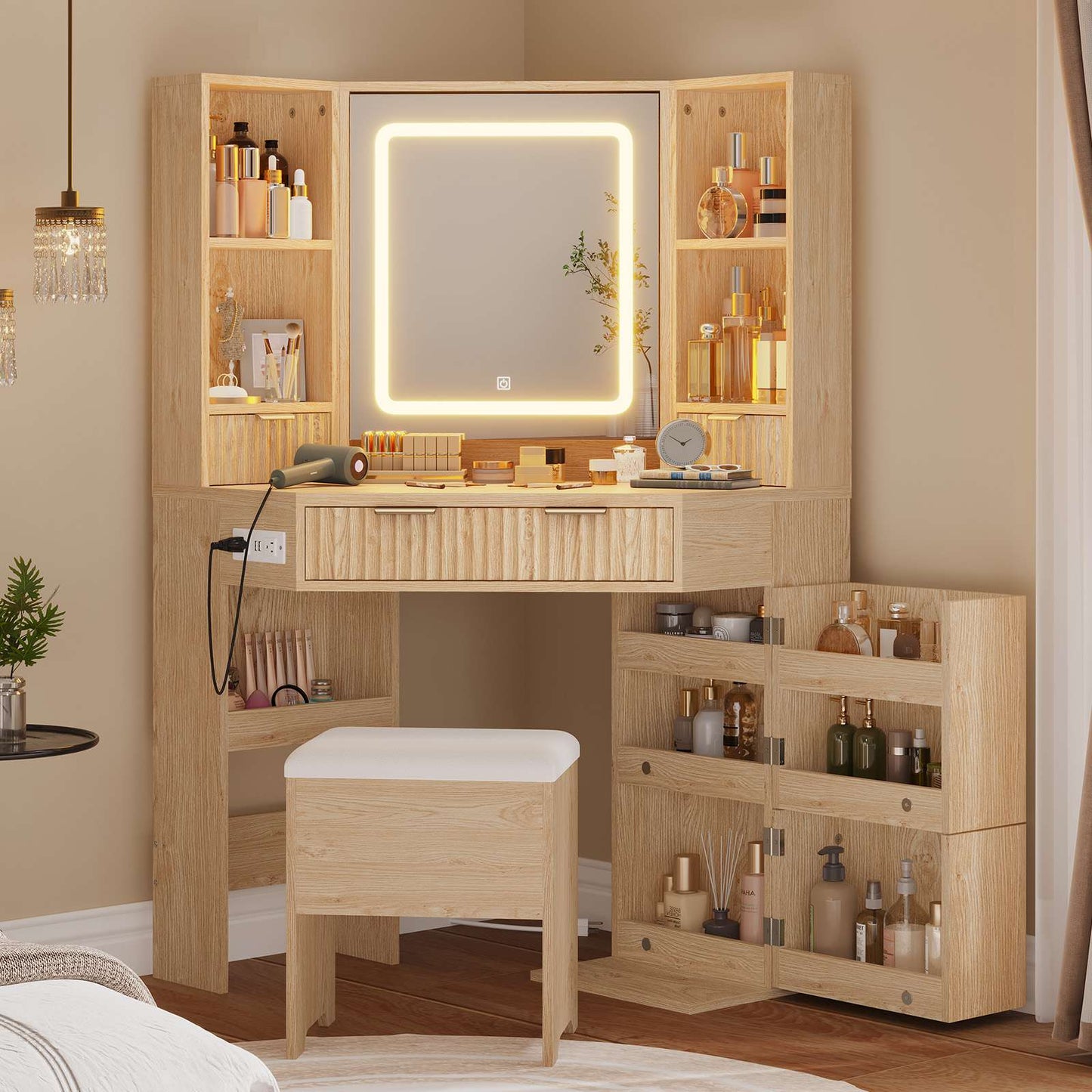 HAUOMS 42.5 Inch Vanity Desk with 3 Lights Mirror Storage Bench and Power Outlet Corner Vanities with Rotating Cabinet and Drawers