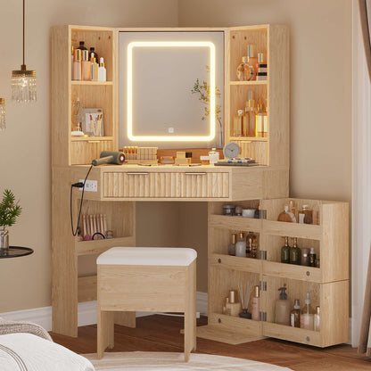 HAUOMS 42.5 Inch Vanity Desk with 3 Lights Mirror Storage Bench and Power Outlet Corner Vanities with Rotating Cabinet and Drawers