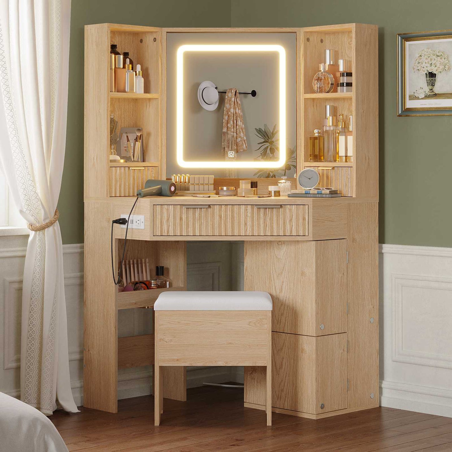 HAUOMS 42.5 Inch Vanity Desk with 3 Lights Mirror Storage Bench and Power Outlet Corner Vanities with Rotating Cabinet and Drawers