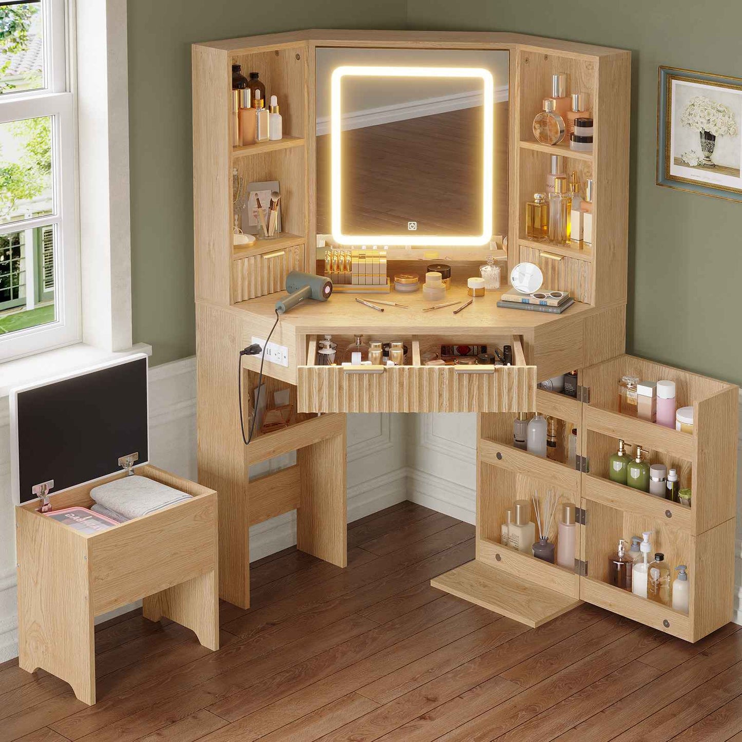 HAUOMS 42.5 Inch Vanity Desk with 3 Lights Mirror Storage Bench and Power Outlet Corner Vanities with Rotating Cabinet and Drawers