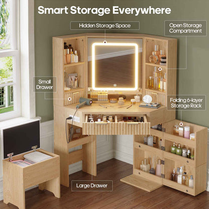 HAUOMS 42.5 Inch Vanity Desk with 3 Lights Mirror Storage Bench and Power Outlet Corner Vanities with Rotating Cabinet and Drawers
