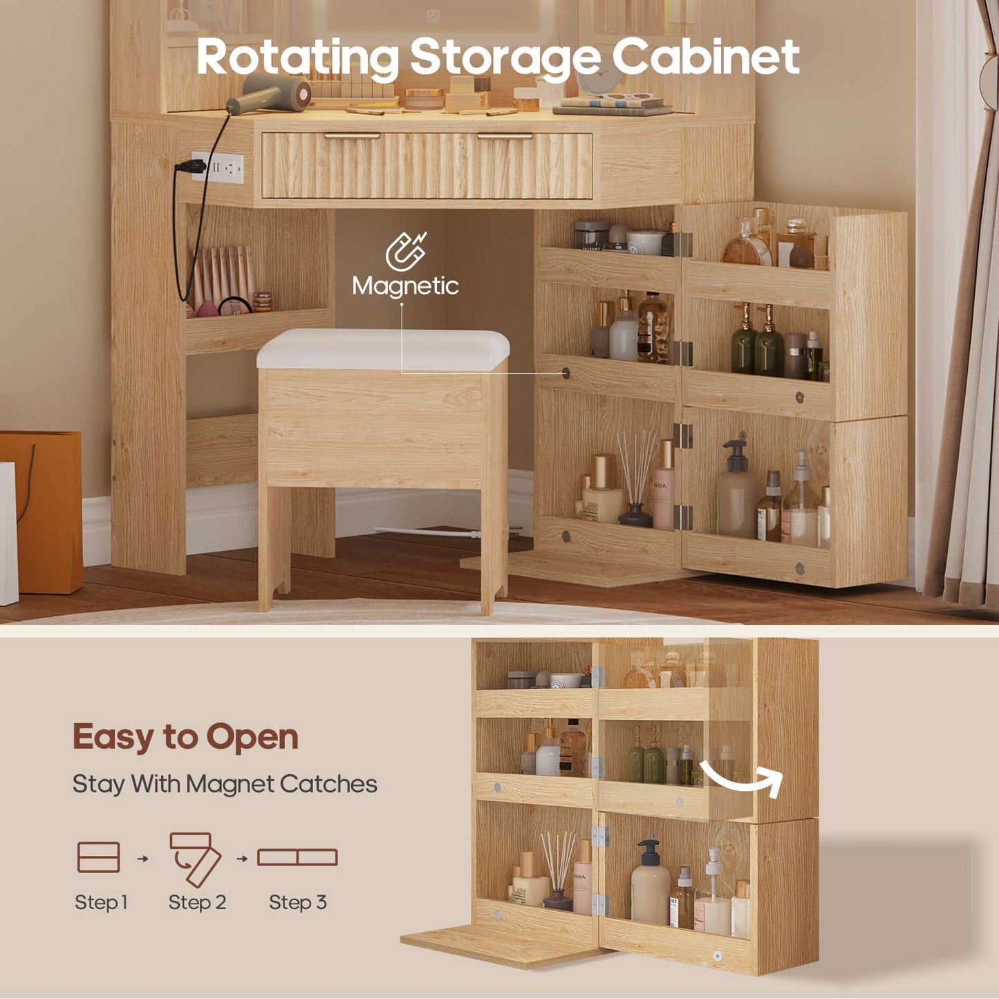 HAUOMS 42.5 Inch Vanity Desk with 3 Lights Mirror Storage Bench and Power Outlet Corner Vanities with Rotating Cabinet and Drawers