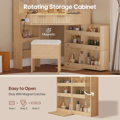 HAUOMS 42.5 Inch Vanity Desk with 3 Lights Mirror Storage Bench and Power Outlet Corner Vanities with Rotating Cabinet and Drawers