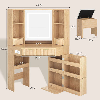 HAUOMS 42.5 Inch Vanity Desk with 3 Lights Mirror Storage Bench and Power Outlet Corner Vanities with Rotating Cabinet and Drawers