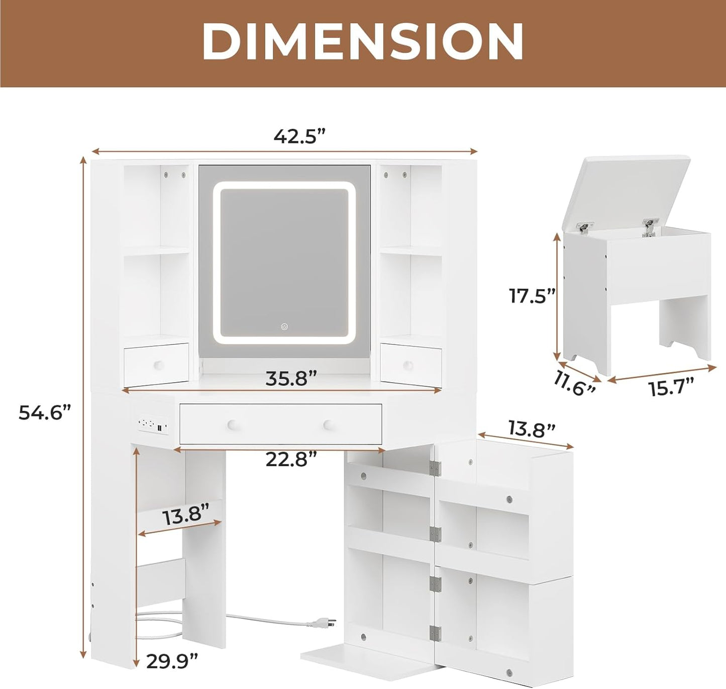 HAUOMS 42.5 Inch Vanity Desk with 3 Lights Mirror Storage Bench and Power Outlet Corner Vanities with Rotating Cabinet and Drawers