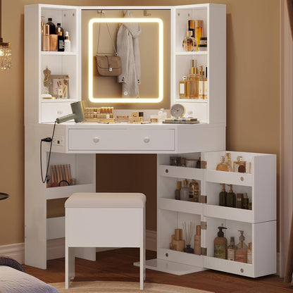 HAUOMS 42.5 Inch Vanity Desk with 3 Lights Mirror Storage Bench and Power Outlet Corner Vanities with Rotating Cabinet and Drawers