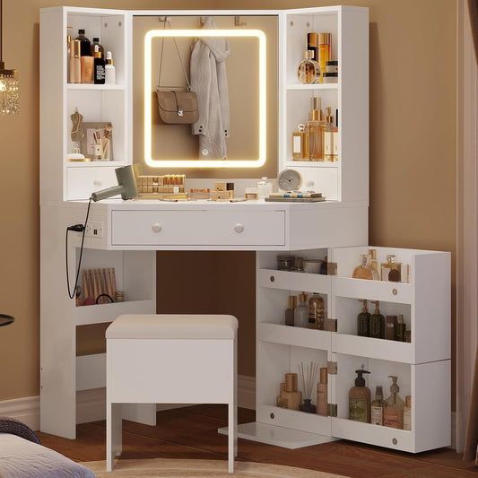 HAUOMS 42.5 Inch Vanity Desk with 3 Lights Mirror Storage Bench and Power Outlet Corner Vanities with Rotating Cabinet and Drawers