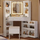 HAUOMS 42.5 Inch Vanity Desk with 3 Lights Mirror Storage Bench and Power Outlet Corner Vanities with Rotating Cabinet and Drawers