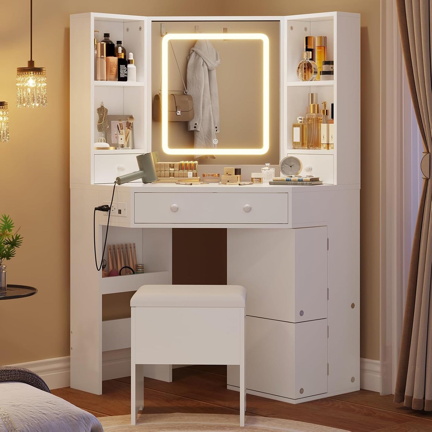HAUOMS 42.5 Inch Vanity Desk with 3 Lights Mirror Storage Bench and Power Outlet Corner Vanities with Rotating Cabinet and Drawers