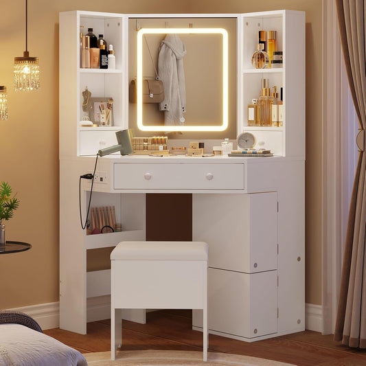 HAUOMS 42.5 Inch Vanity Desk with 3 Lights Mirror Storage Bench and Power Outlet Corner Vanities with Rotating Cabinet and Drawers