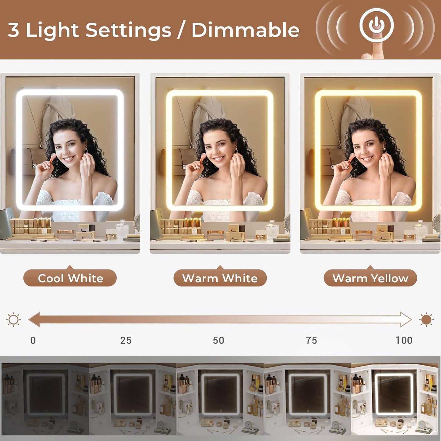 HAUOMS 42.5 Inch Vanity Desk with 3 Lights Mirror Storage Bench and Power Outlet Corner Vanities with Rotating Cabinet and Drawers
