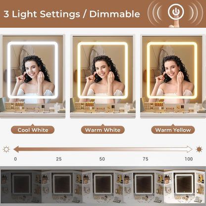HAUOMS 42.5 Inch Vanity Desk with 3 Lights Mirror Storage Bench and Power Outlet Corner Vanities with Rotating Cabinet and Drawers