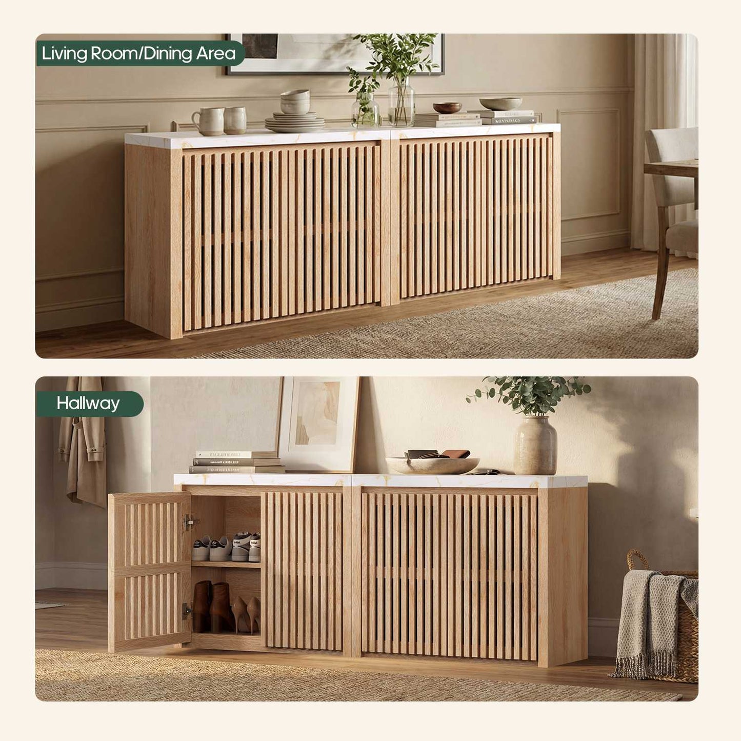 HAUOMS 27.6 Inch Tall Cabinet with Storage Fluted Sideboard with Adjustable Shelf for Kitchen Living Room Entryway