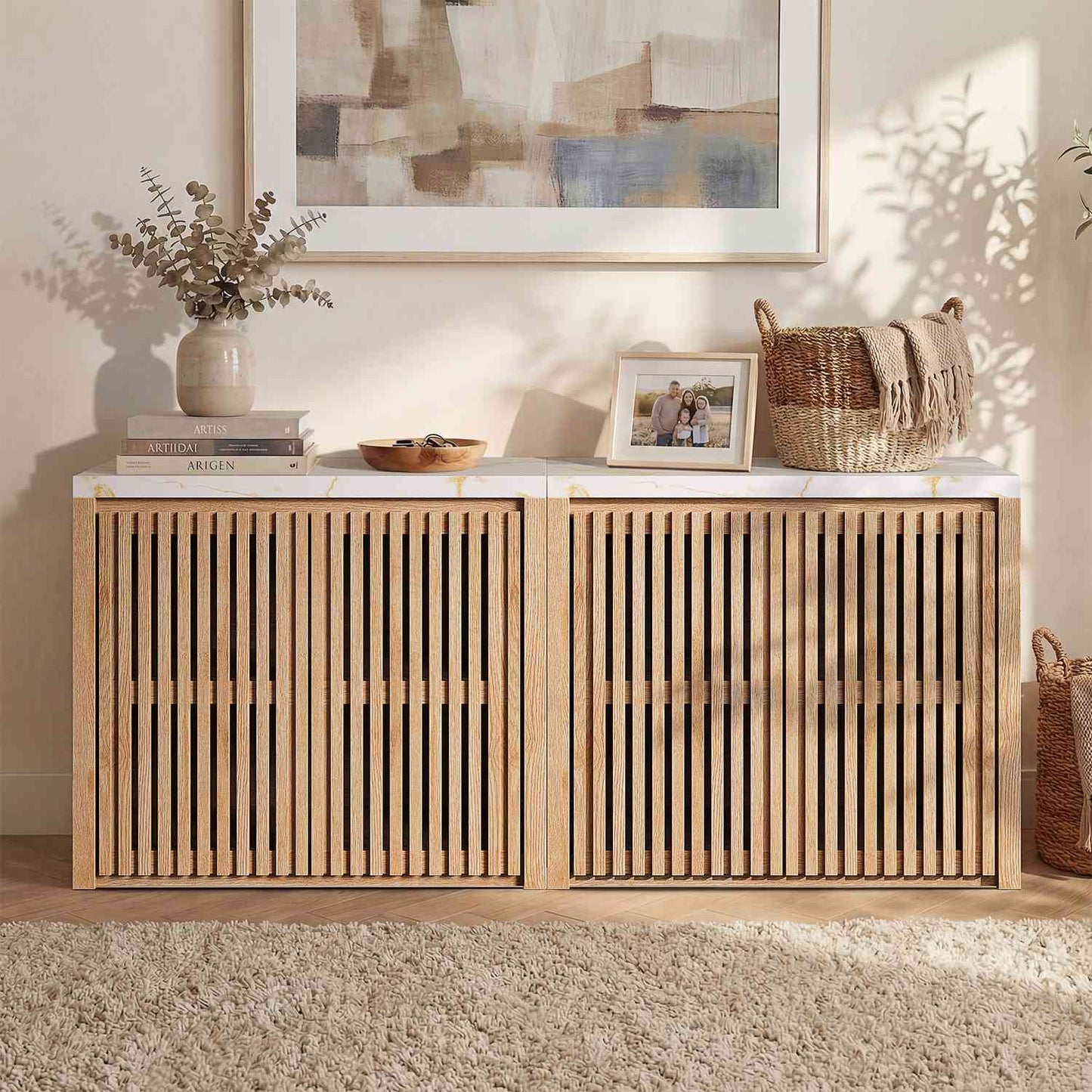 HAUOMS 27.6 Inch Tall Cabinet with Storage Fluted Sideboard with Adjustable Shelf for Kitchen Living Room Entryway