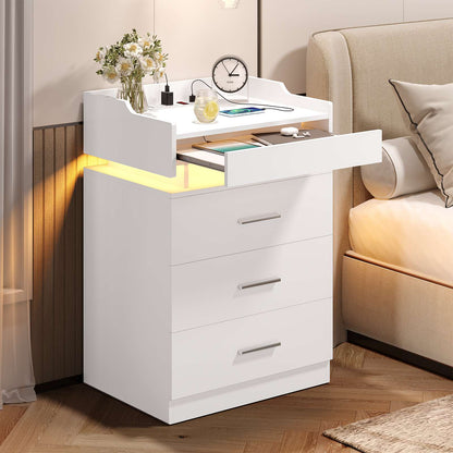 HAUOMS 28.3 Inch Tall Nightstand with LED Light and Pull-Out Shelf Side Table with 3 Drawers USB Ports and Outlets for Bedroom