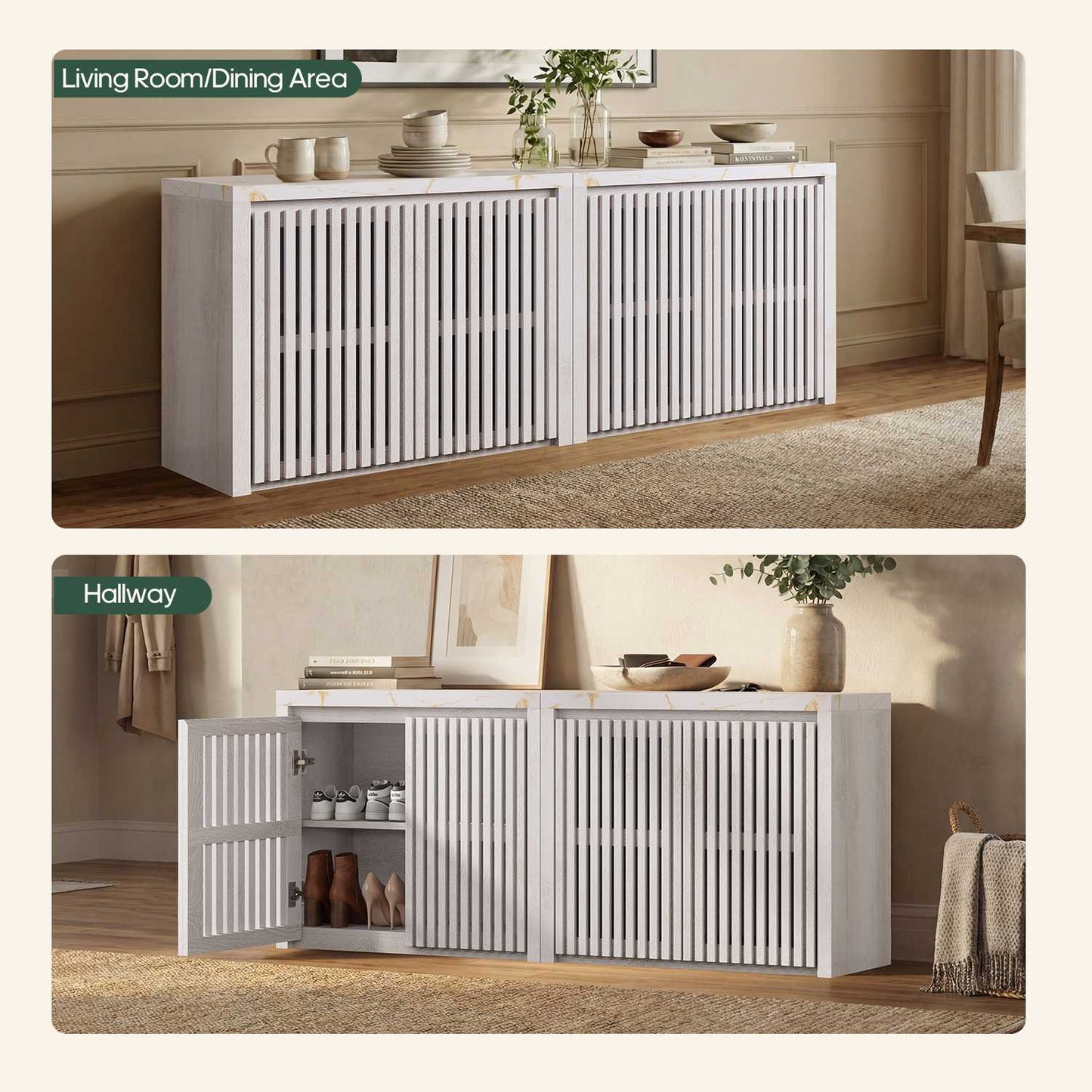 HAUOMS 27.6 Inch Tall Cabinet with Storage Fluted Sideboard with Adjustable Shelf for Kitchen Living Room Entryway