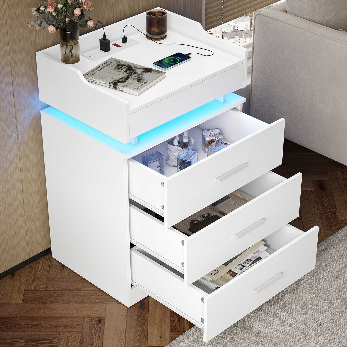 HAUOMS 28.3 Inch Tall Nightstand with LED Light and Pull-Out Shelf Side Table with 3 Drawers USB Ports and Outlets for Bedroom