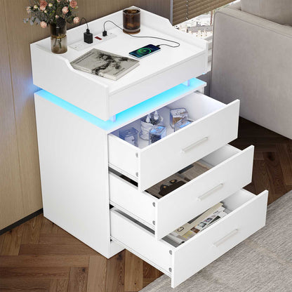 HAUOMS 28.3 Inch Tall Nightstand with LED Light and Pull-Out Shelf Side Table with 3 Drawers USB Ports and Outlets for Bedroom
