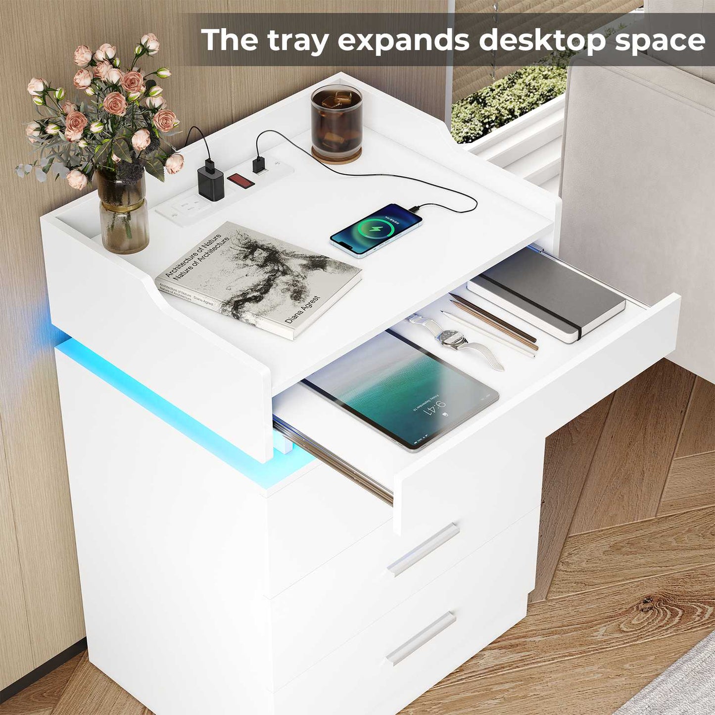 HAUOMS 28.3 Inch Tall Nightstand with LED Light and Pull-Out Shelf Side Table with 3 Drawers USB Ports and Outlets for Bedroom