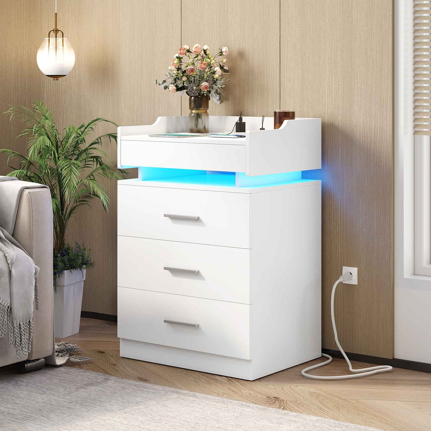 HAUOMS 28.3 Inch Tall Nightstand with LED Light and Pull-Out Shelf Side Table with 3 Drawers USB Ports and Outlets for Bedroom