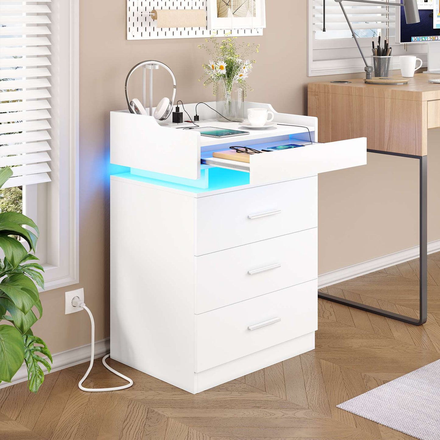 HAUOMS 28.3 Inch Tall Nightstand with LED Light and Pull-Out Shelf Side Table with 3 Drawers USB Ports and Outlets for Bedroom